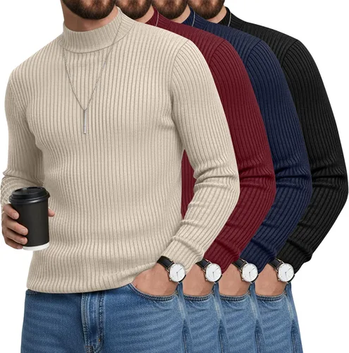 Vista 6 de Paquete de 4 Camisetas de Cuello Alto Simulado para Hombre de Algodón de Punto Acanalado de Manga Larga Pullover Ajustado Casual Suéteres Básicas