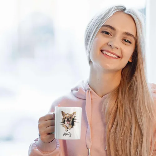 Vista 4 de Tazas de café con nombre personalizado único y emocionado Chihuahua rompió la pared, tazas de café personalizadas para perros, regalo para niños