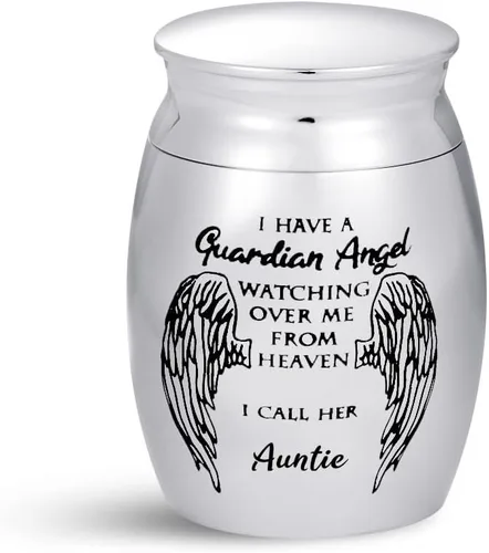 Vista 2 de My Guardian Angel Auntie - Mini urnas de cremación para cenizas para tía, recuerdo conmemorativo, regalo funerario de acero inoxidable, soporte