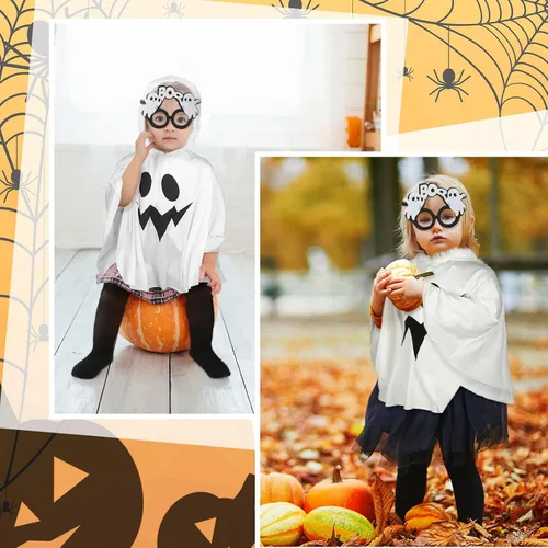Vista 2 de Lewtemi Juego de 4 disfraces de Halloween para niños, disfraz de fantasma blanco, incluye gafas de cosplay, capa de fantasma, cubo de calabaza