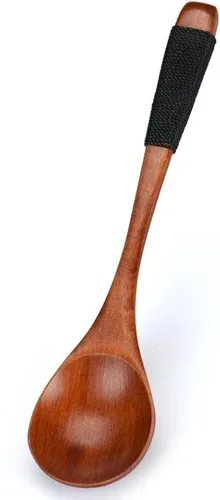 Vista 2 de IEason - Cuchara de madera de bambú para cocina, utensilios de cocina, sopa, cucharadita, cuchara de catering (negro)