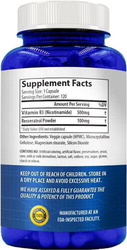 Vista 3 de Resveratrol con vitamina B3 Nicotinamida 500mg Precursor NAD+ y complejo de longevidad con forma de nicotinamida de vitamina B3 Niacina sin
