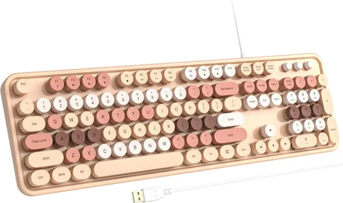 Vista 10 de Atelus Teclado USB con cable con retroiluminación de 7 colores, teclado de tamaño completo con teclas retro, teclado numérico y tecla de acceso