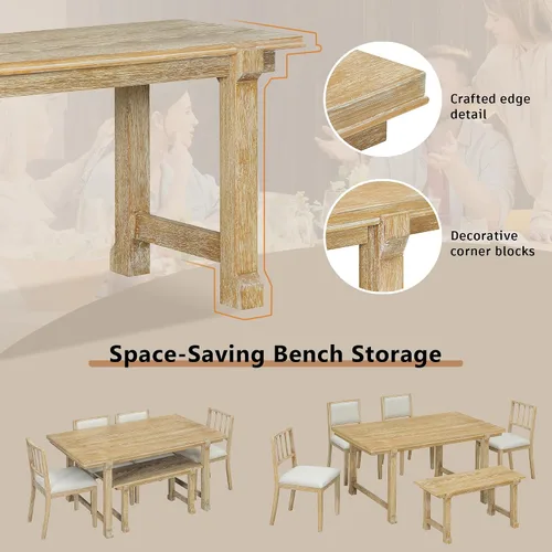 Vista 62 de Juego de mesa de comedor vintage de 6 piezas, juego de mesa de comedor de cocina de madera maciza con 4 sillas ergonómicas acolchadas y banco, mesa