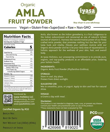 Vista 2 de Amla Powder Organic 16 oz – USDA Certified Organic Amla Powder Ayurveda Herb Indian Gooseberry Powder Amalaki Superfood for Skin & Hair – Pure