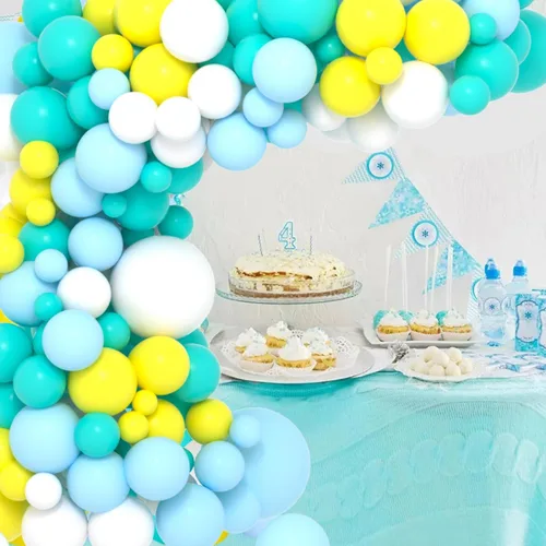 Vista 2 de Kit de arco de globos azul, amarillo y blanco, guirnalda de globos azul claro, verde azulado y amarillo blanco, globos azules y amarillos