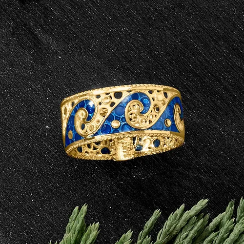 Vista 4 de Ross-Simons Italian 14kt Yellow Gold Wave Ring With Blue Enamel