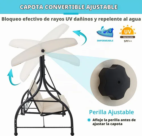 Vista 3 de AECOJOY Columpio de patio al aire libre de 3 asientos con toldo, hamaca de porche convertible, respaldo ajustable, cojines extraíbles y soporte