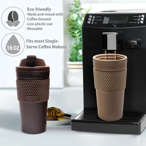 Vista 6 de Juego de Vasos Térmicos para Café de 16 onzas, Paquete de 2, Fabricado con Posos de Café Reales, Pared Doble Desmontable y Aislante, Listo