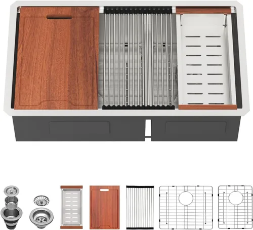 Vista 18 de Lordear Fregadero de cocina de 28 pulgadas de acero inoxidable de calibre 16 con doble plato y estación de trabajo de montaje inferior de 60/40