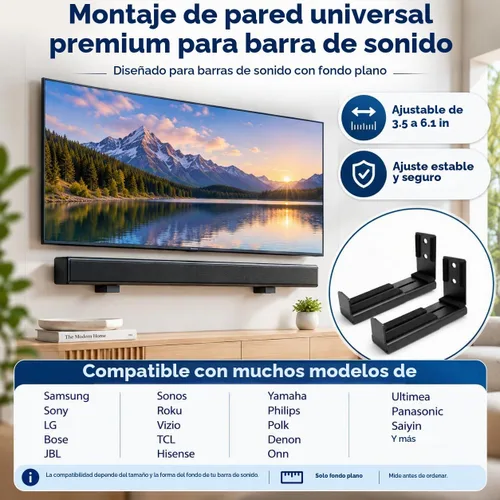 Vista 2 de Soporte universal de pared para barra de sonido (parte inferior plana), soporte de acero resistente de 33 libras, profundidad ajustable, incluye