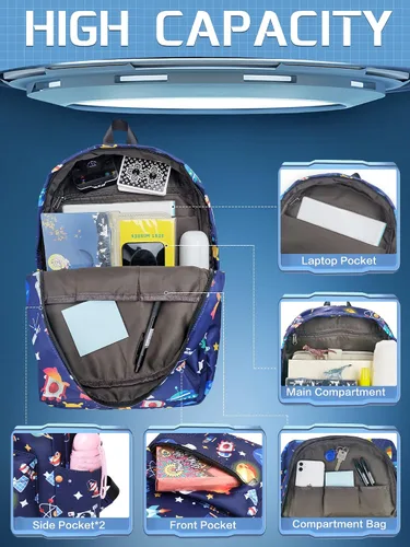 Vista 3 de Mochila escolar negra para niños, mochila impermeable duradera con compartimento para laptop, Mochila Azul Espacio, Moderno