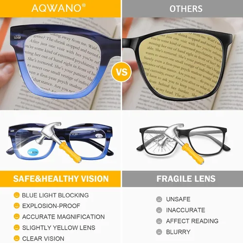 Vista 6 de AQWANO Oversized Design Reading Glasses Women/Men, Computer Blue Light Blocking Square Readers Paquete de 2 (C1/C4 amarillo/azul)