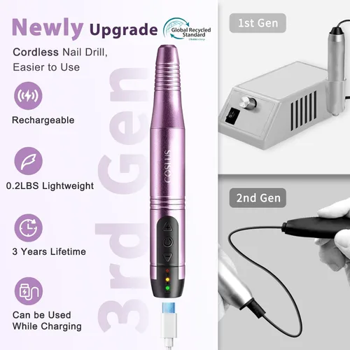 Vista 2 de COSLUS Taladro de uñas inalámbrico con lima eléctrica: profesional para uñas acrílicas, gel, polvo adhesivo, portátil, kit de máquina de taladro