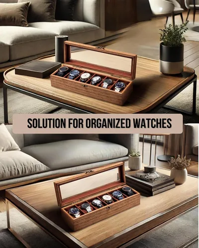 Vista 4 de Caja de reloj para hombres y mujeres, tapa de cristal grande, caja de almacenamiento de madera con 6 ranuras, organizador retro Burlywood