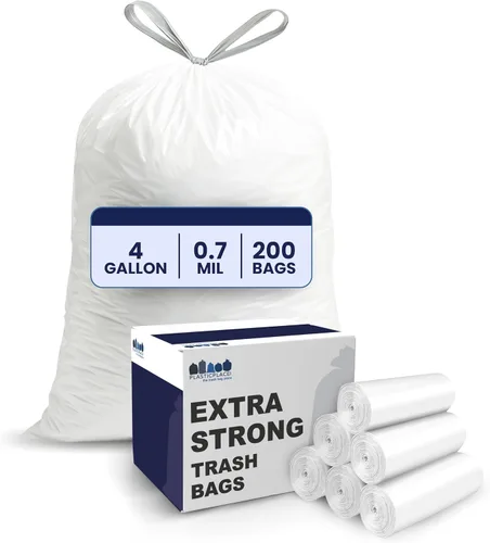 Vista 2 de Plasticplace Bolsas de basura de 4 galones │ 0.7 mil │ Forros de basura blancos con cordón │ 17" x 16" (100 unidades)