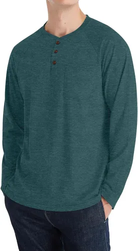 Vista 2 de NITAGUT Men's Summer Casual T-Shirts Front Placket Raglan Long Sleeve Henley Shirts with Pocket