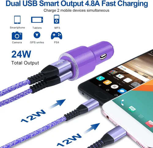 Vista 3 de Cargador de coche rápido dual de 4.8 A con cable micro USB Android para Samsung Galaxy S7 S6 J8 J7/J7V/Star/Crown/Prime/Refine J3, Note 5 4, Moto E4