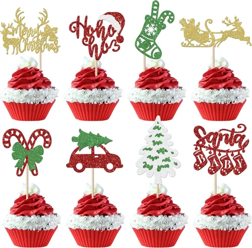 Vista 24 de Rsstarxi Paquete de 24 Adornos para Cupcakes Oh Baby de Navidad con Purpurina, Sombreros de Navidad, Palillos para Cupcakes de Baby Shower para Baby