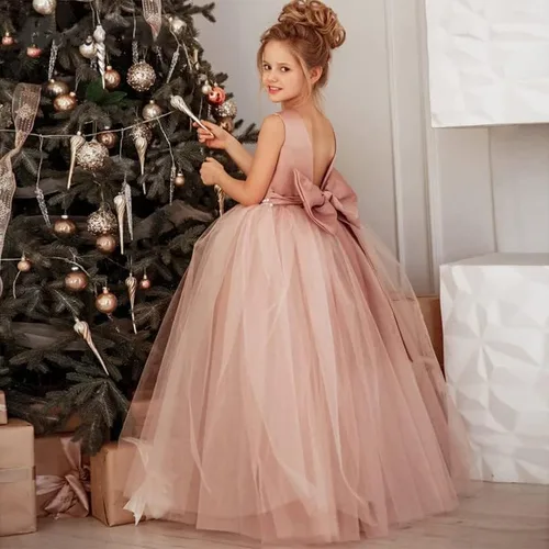 Vista 5 de Vestido de niña de flores para boda, espalda abierta, sin mangas, de tul de princesa, vestido de baile con nudo de lazo