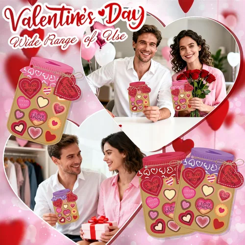 Vista 6 de Juego de 30 tarjetas de regalo para el día de San Valentín, tarro de San Valentín, kit de manualidades con calcomanías de corazón, haz tu propia