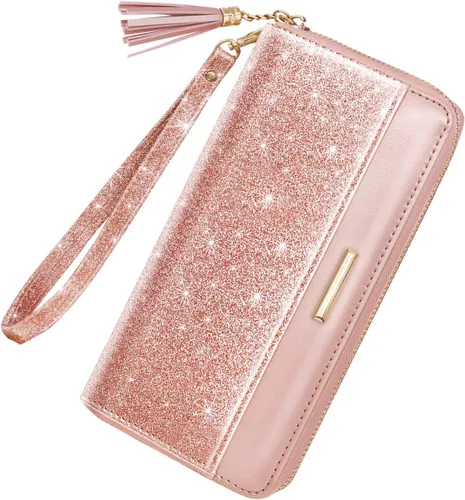 Vista 7 de Coco Rossi Carteras para mujer, de piel sintética, tarjetero organizador con borla y correa de muñeca