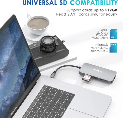 Vista 7 de Adaptadores USB C para MacBook Pro/Air, Mac Dongle con 3 puertos USB, USB C a HDMI, USB C a RJ45 Ethernet, MOKiN 9 en 1 USB C a HDMI, carga Pd