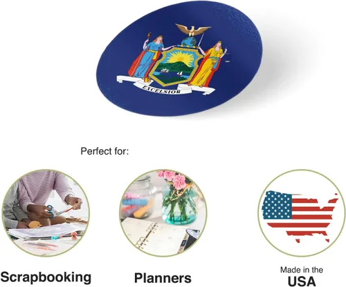 Vista 2 de Adhesivos de vinilo con la bandera del estado de Nueva York, redondas, 2 hojas, 50 piezas en total, con logotipo de NY para niños, álbum