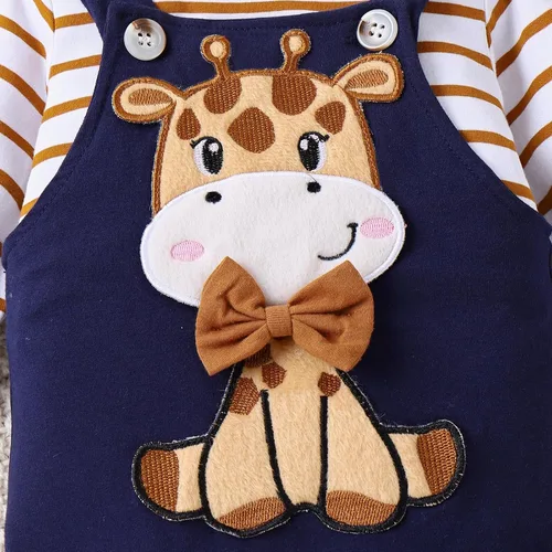 Vista 5 de Conjunto de ropa de bebé para recién nacido, para otoño e invierno, a rayas, mameluco de dibujos animados, conjunto de pantalones con tirantes