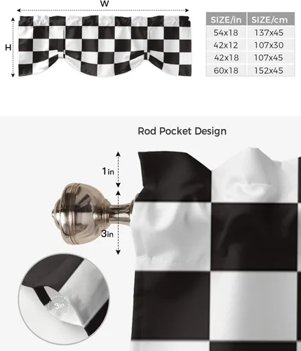 Vista 6 de Cortinas modernas de mosaico en blanco y negro para sala de estar, dormitorio, baño, ventana de cocina, cenefa de panel con bolsillo para barra