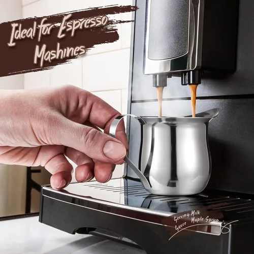 Vista 5 de Potchen Paquete de 6 cremas de campana de acero inoxidable de 3 onzas, mini jarras de leche para café con mango y tazas de boquilla para servir