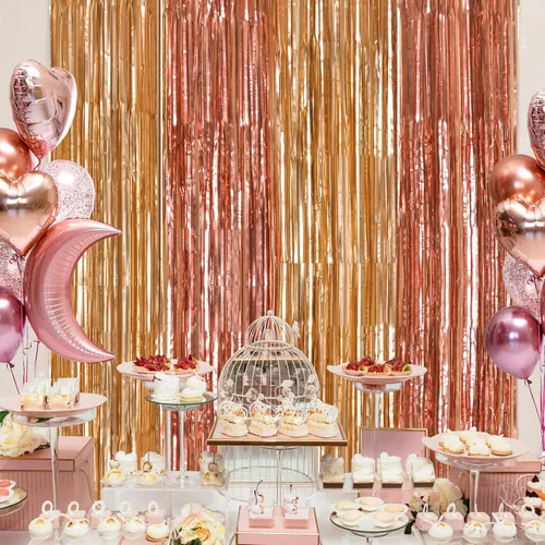 Vista 5 de LOLStar Paquete de 2 decoraciones de cumpleaños de oro rosa, cortinas de flecos de papel de aluminio rosa y dorado, cortinas de flecos de papel