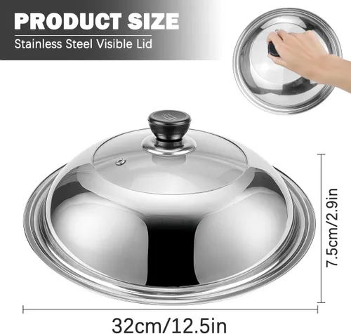Vista 2 de Tapas de sartén de vidrio templado de 12.5 pulgadas con asa de repuesto, accesorios de wok para sartén, hierro fundido redondo, aluminio fundido