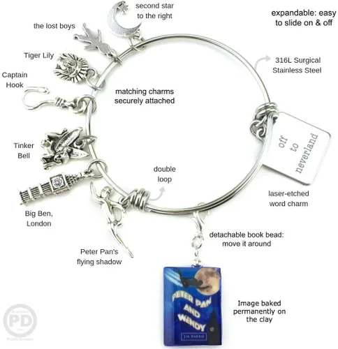 Vista 2 de PETER PAN J. M. Barrie Clay - Brazalete extensible de acero inoxidable con diseño de barrie Book Beads