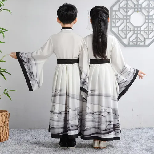 Vista 4 de Disfraz tradicional chino de manga ancha para niños y niñas de Hanfu