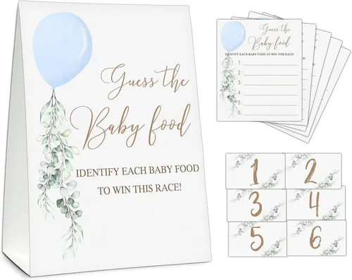 Vista 20 de Guess the Baby Food Party Games, juego de baby shower, 1 letrero de pie + 25 tarjetas de respuesta + 6 tarjetas de números, suministros