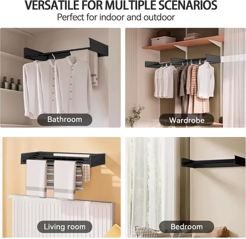 Vista 7 de FOCHIER F Tendedero de Ropa de Pared Tendedero de Secado Plegable con 5 Varillas de Aluminio y Plantilla de Perforación Broca de Destornillador Negro