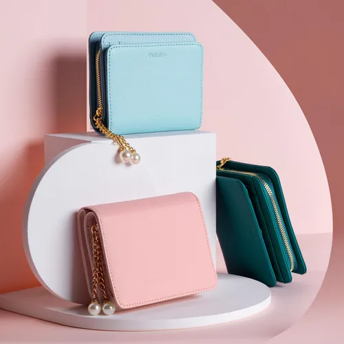 Vista 6 de Cartera para mujer con colgante de perlas RFID bloqueo tarjeta de crédito cartera de cuero premium, Celeste, Minimalista
