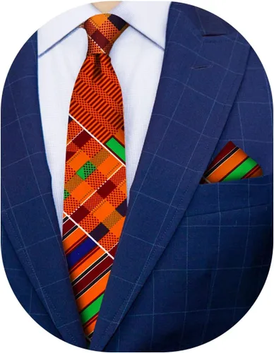 Vista 40 de Juego de corbata Kente con estampado africano y animal y pañuelo de bolsillo a juego