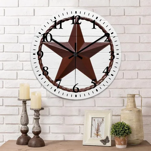 Vista 10 de Reloj de pared vintage con estrella del oeste de Texas con reloj de madera rústica sin tictac, silencioso con pilas, con números grandes, reloj