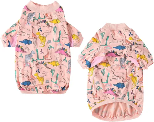 Vista 2 de Camisetas de algodón para perros, con estampado de dinosaurios, pijamas para mascotas, transpirable, ropa elástica para perros pequeños