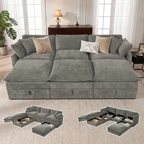 Vista 17 de Sofá modular con almacenamiento, sofá cama de 103 pulgadas, sofá cama seccional, sofá nube de gran tamaño con otomana móvil, sofá moderno de 6