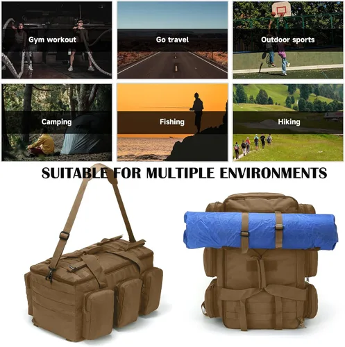 Vista 5 de 3 en 1 bolsa de lona militar 50L bolsa de gimnasio para hombres convertible mochila de fin de semana para deportes viajes baloncesto, 115L-Caqui