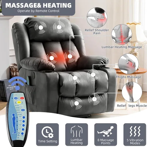 Vista 4 de Silla reclinable eléctrica para personas mayores, sillas reclinables eléctricas para adultos con masaje y calor, portavasos, control remoto, puertos
