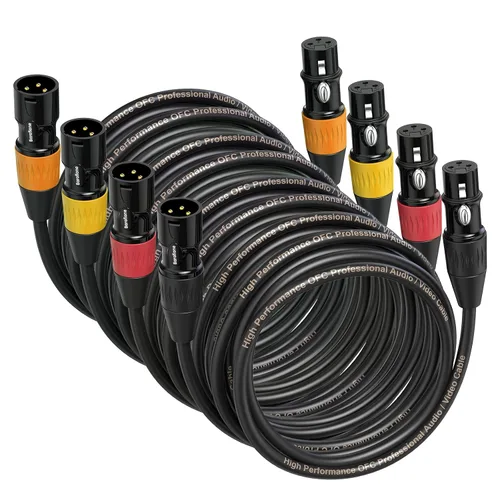 Vista 9 de Cables XLR de 3 pies, 4 unidades, cables de micrófono macho a hembra, 3 pines, conectores codificados por color chapado en oro para micrófonos