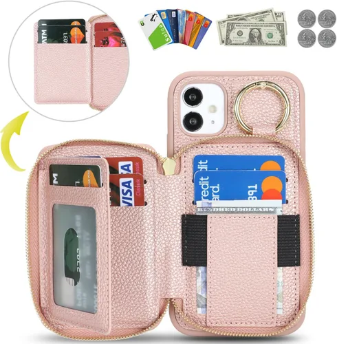 Vista 2 de Funda compatible con iPhone 11 con tarjetero, para iPhone 11, funda de teléfono con cremallera y ranura para mujer, 6.1 pulgadas, oro rosa