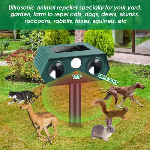 Vista 2 de Paquete de 2 repelentes ultrasónicos de animales alimentados por energía solar con detección de movimiento, disuasorio impermeable IP66 para gatos