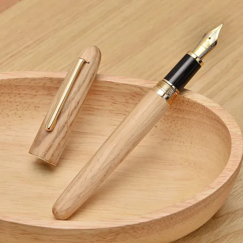 Vista 4 de Jinhao 9036 - Pluma estilográfica de madera natural hecha a mano, punta curvada, roble