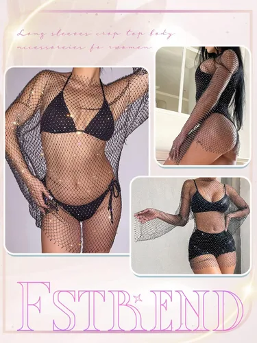 Vista 4 de Fstrend Cadenas de cuerpo de malla de cristal Rhinestone Fishnet Black Crop Top manga larga ver a través del bikini