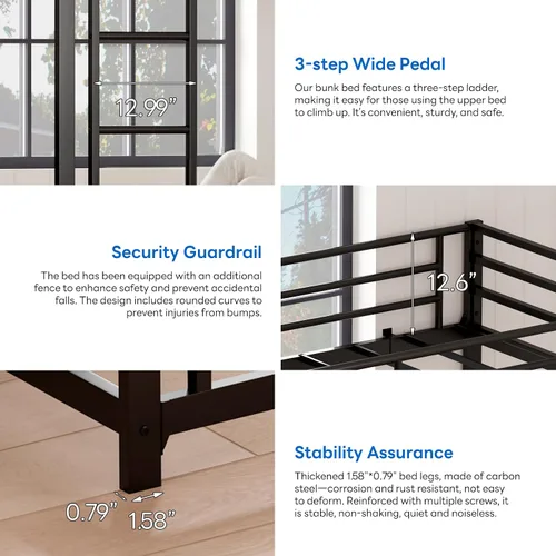 Vista 5 de Litera de metal bajo para niños, con escalera incorporada, barandilla alta y listones de metal, litera inferior de cama de suelo, no requiere Negro